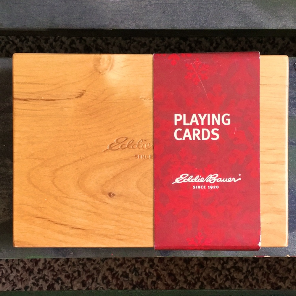 Wooden playing card box set cozy cabin campfire
